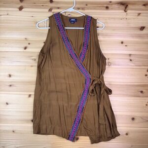Anthropologie Maeve Shirt Womens Medium Brown Liviana Embroidered Wrap Tunic Top